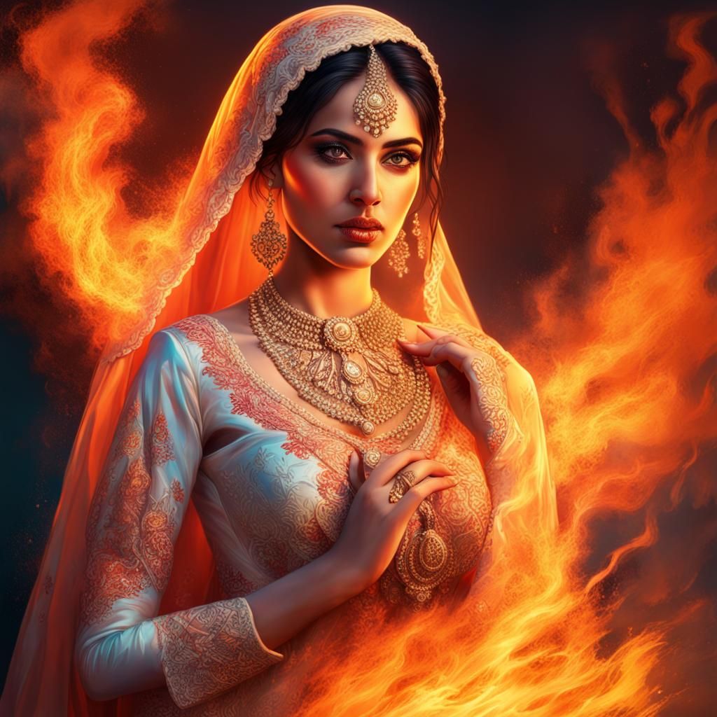 Pakistani Bride Ablaze: Hyperrealistic Splash Art