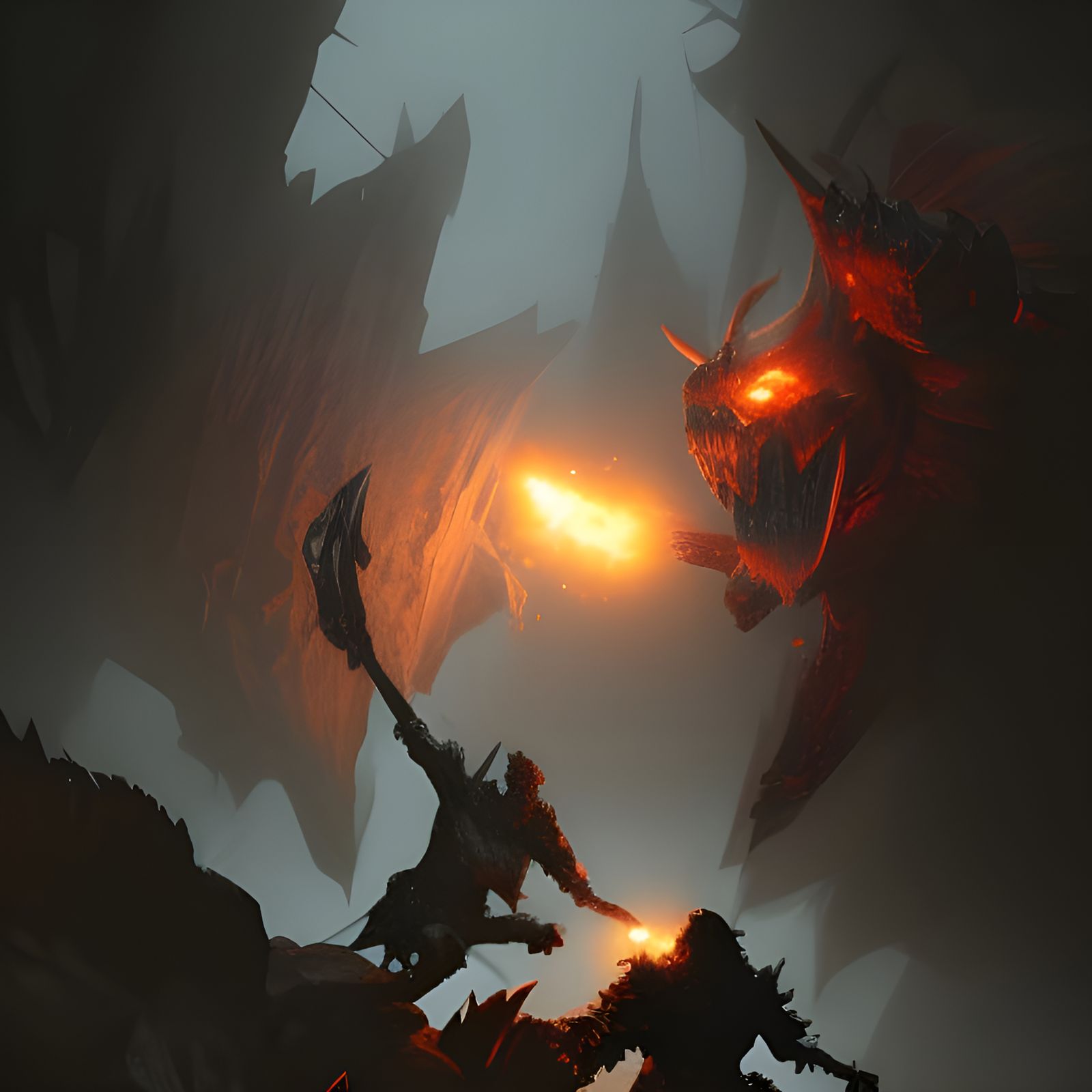 Gothic black knight fighting a hulking cave troll.