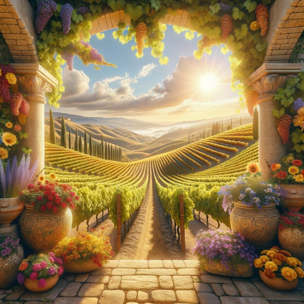 Idyllic Spanish Vineyard Scene in Vibrant Colors