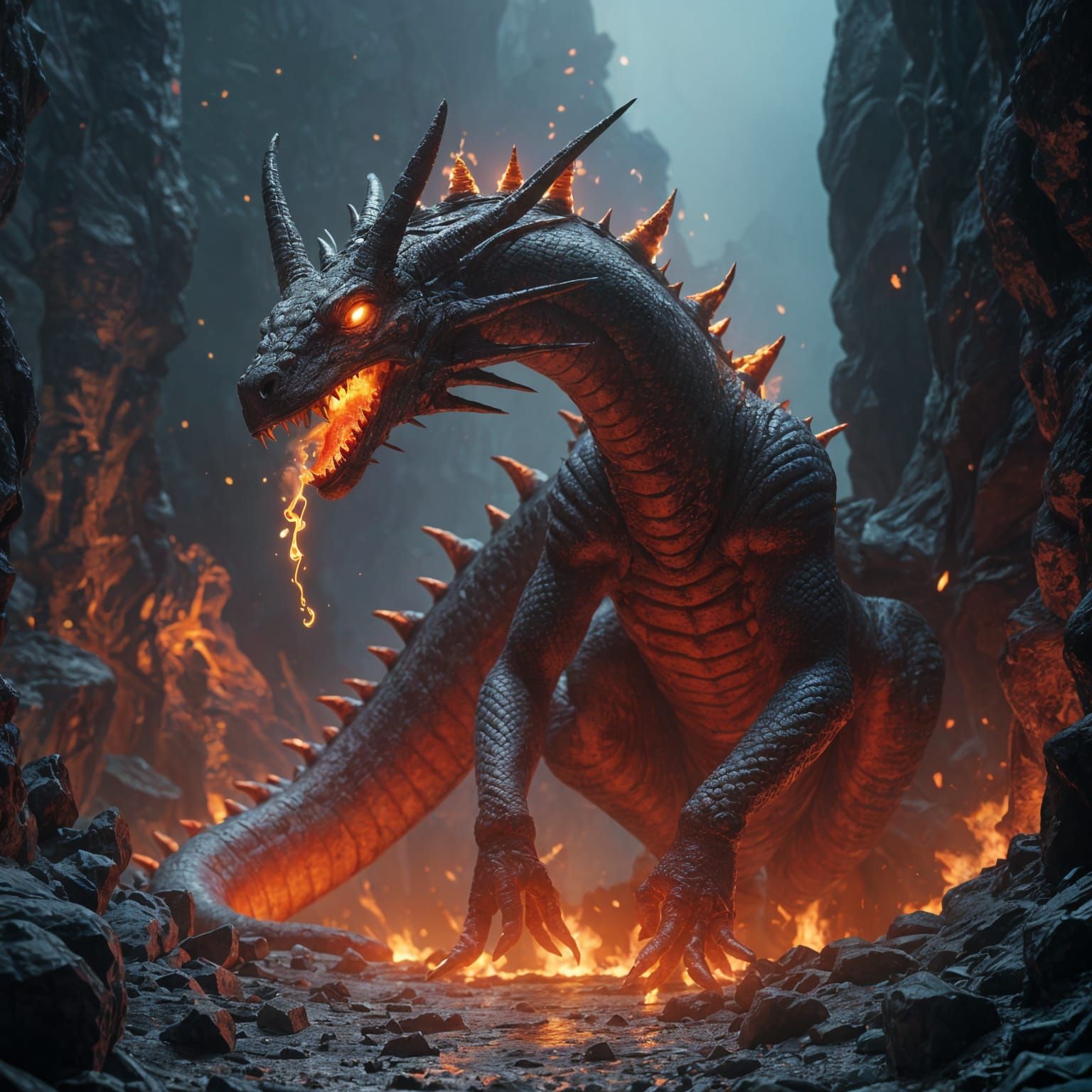 Scary Fire Snake Monster Cartoon with Horns