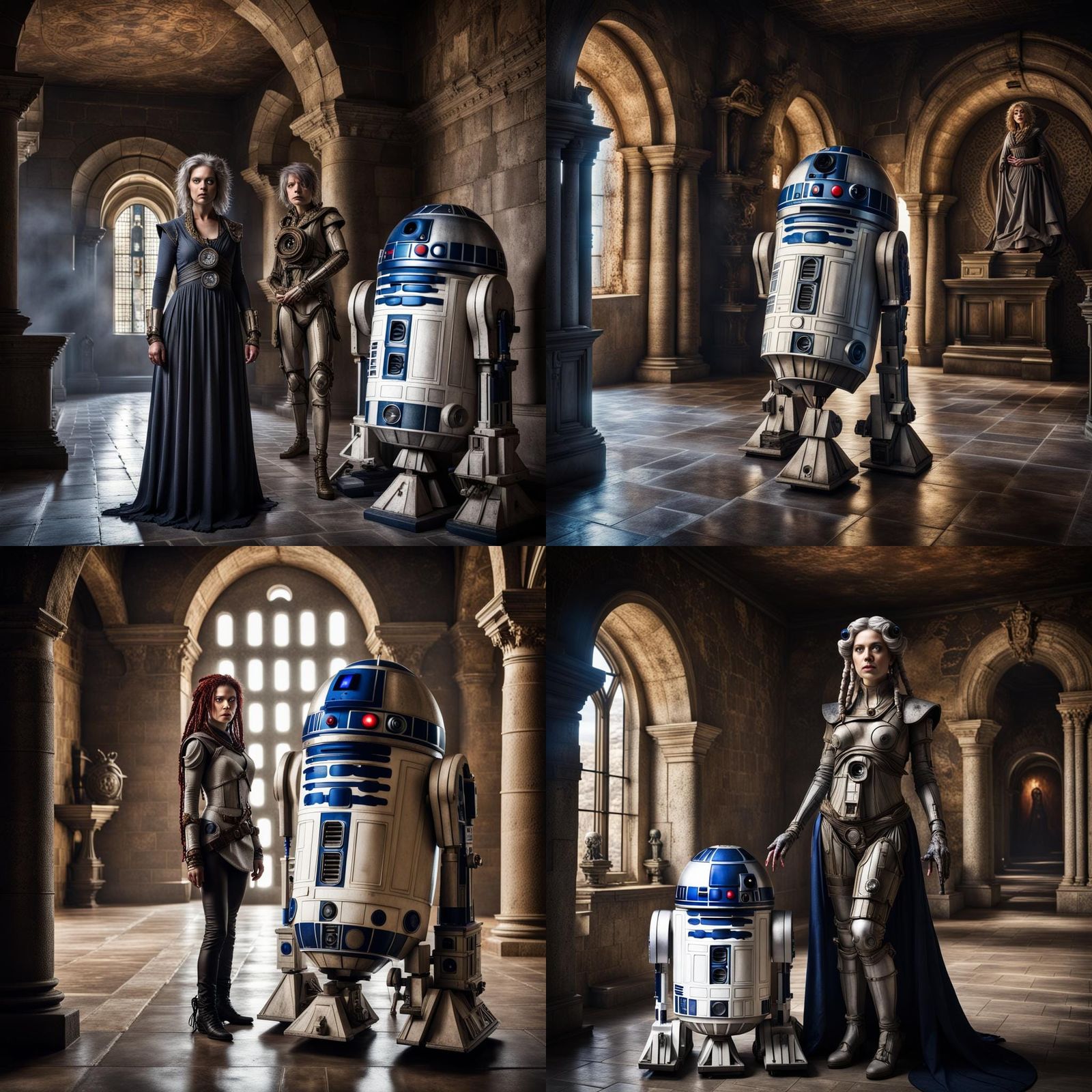 Medusa, R2D2, and Dr. Brown in Medieval Castle