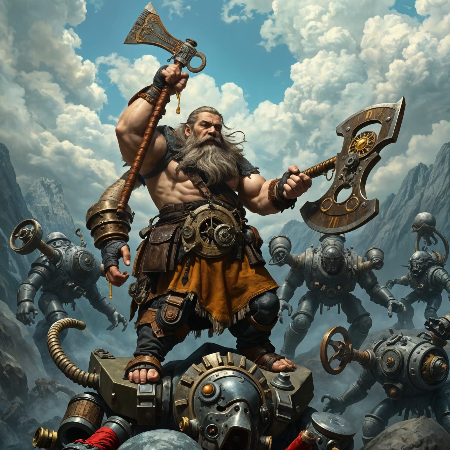Steampunk Dwarf Warrior Conquers Industrial Landscape