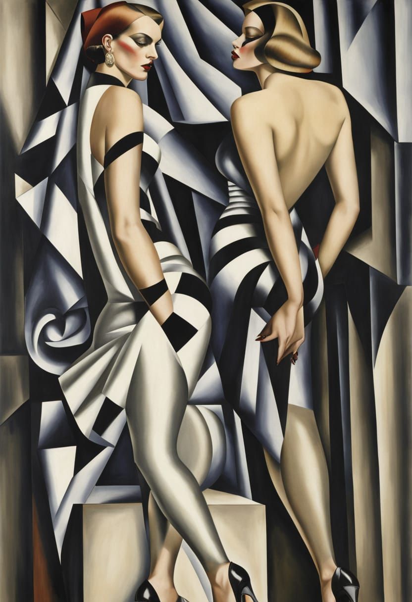 Glamorous Punk Girls in High Heels, Neo-Cubist Geometric Sty...