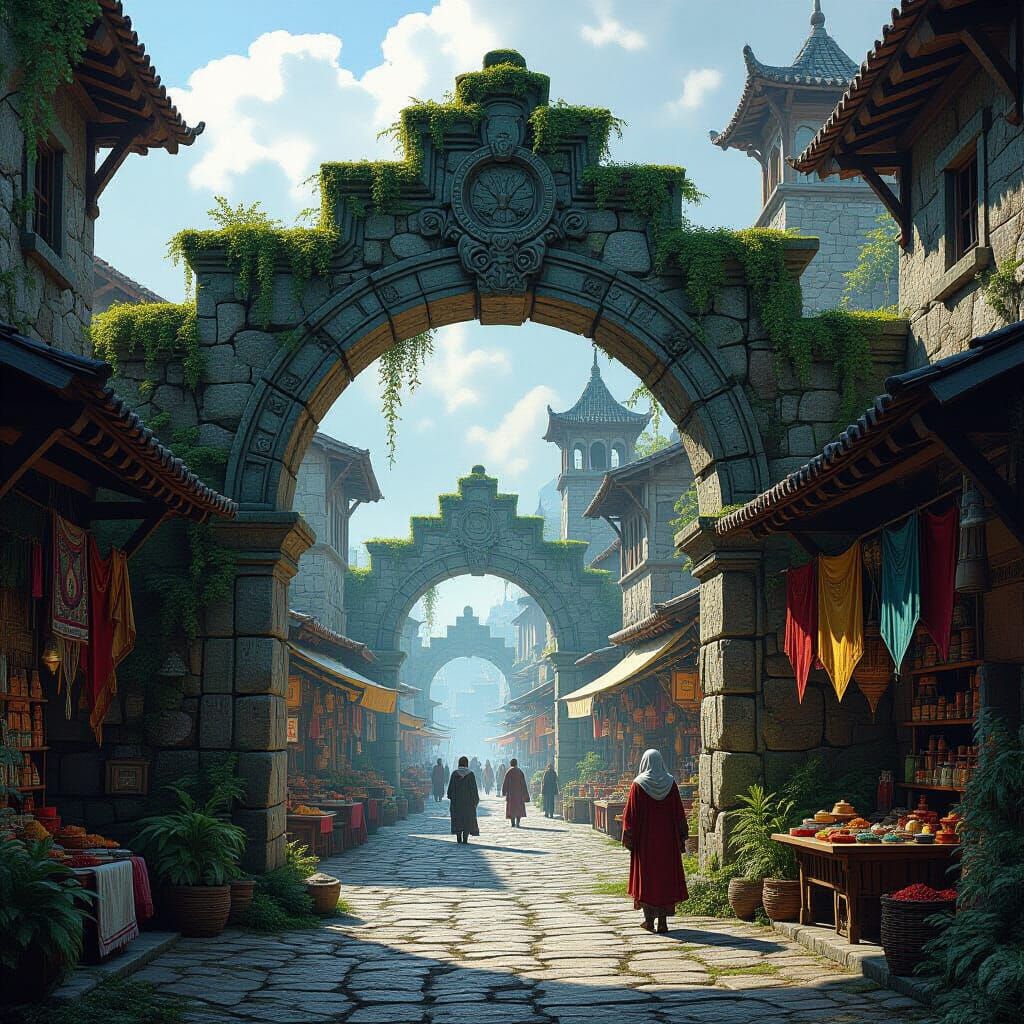 Medieval Marketplace Through Ancient Archway
