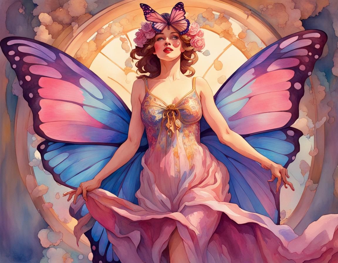 Butterfly Costume Woman in Watercolor Splash Art