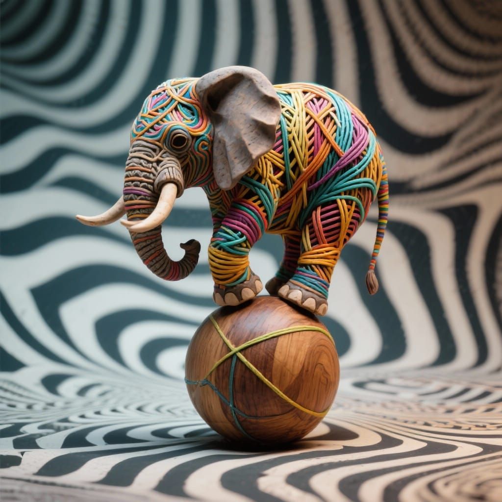Elephant Balancing on Ball: Colorful Mixed Media Sculpture