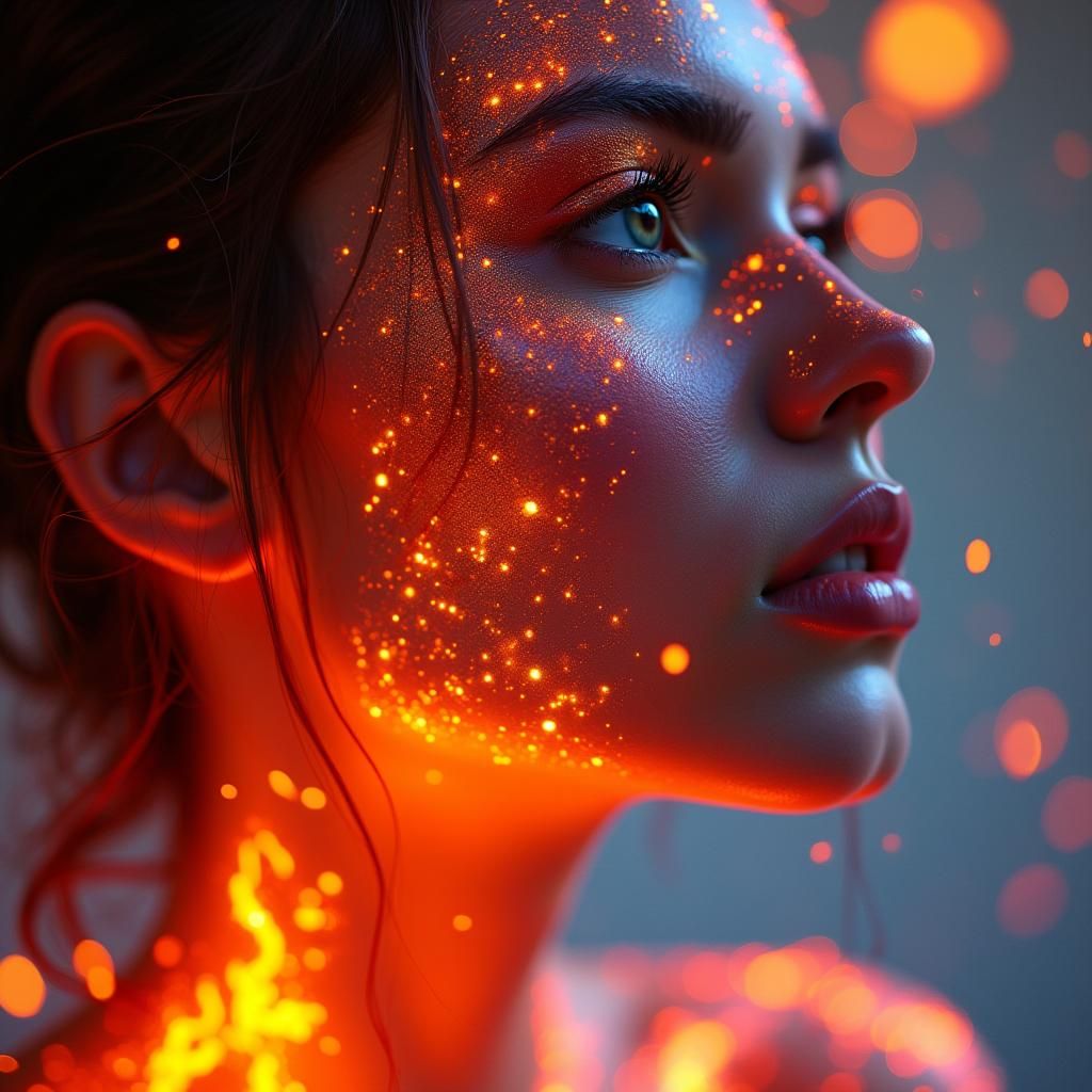 Ethereal Woman with Fire Body Paint in Neon Style