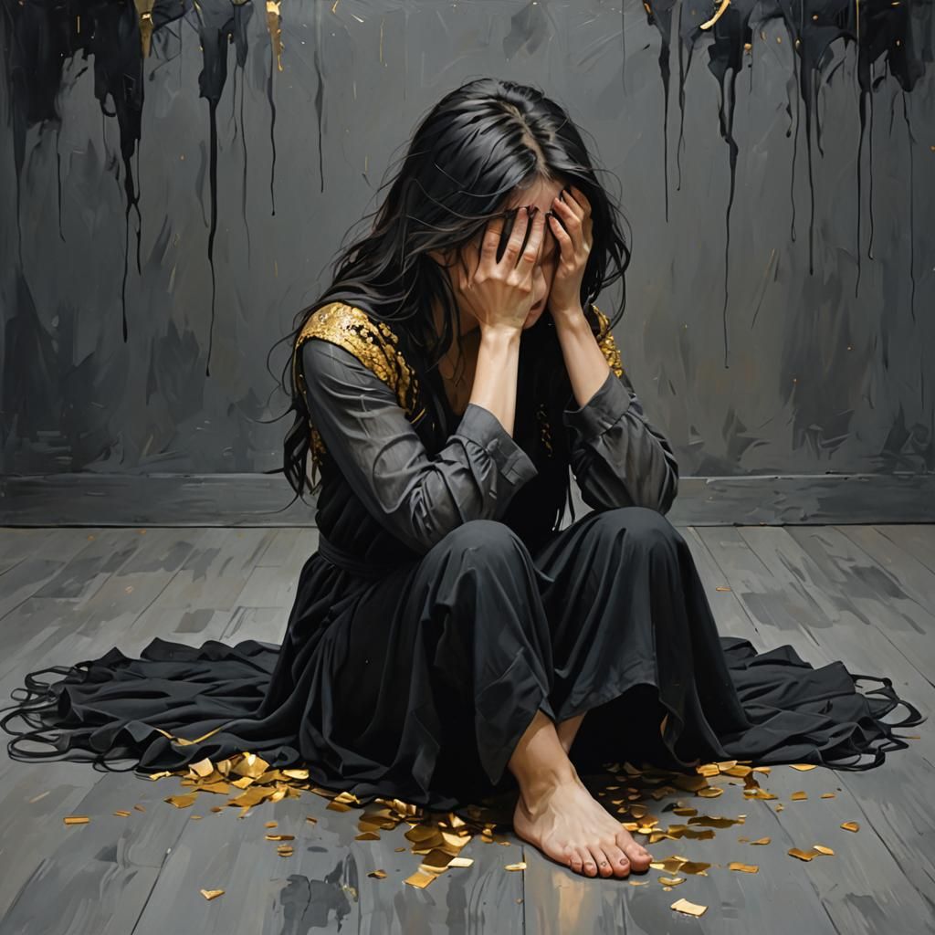 Despairing Woman Crying on Floor in Black, Silver, and Gold