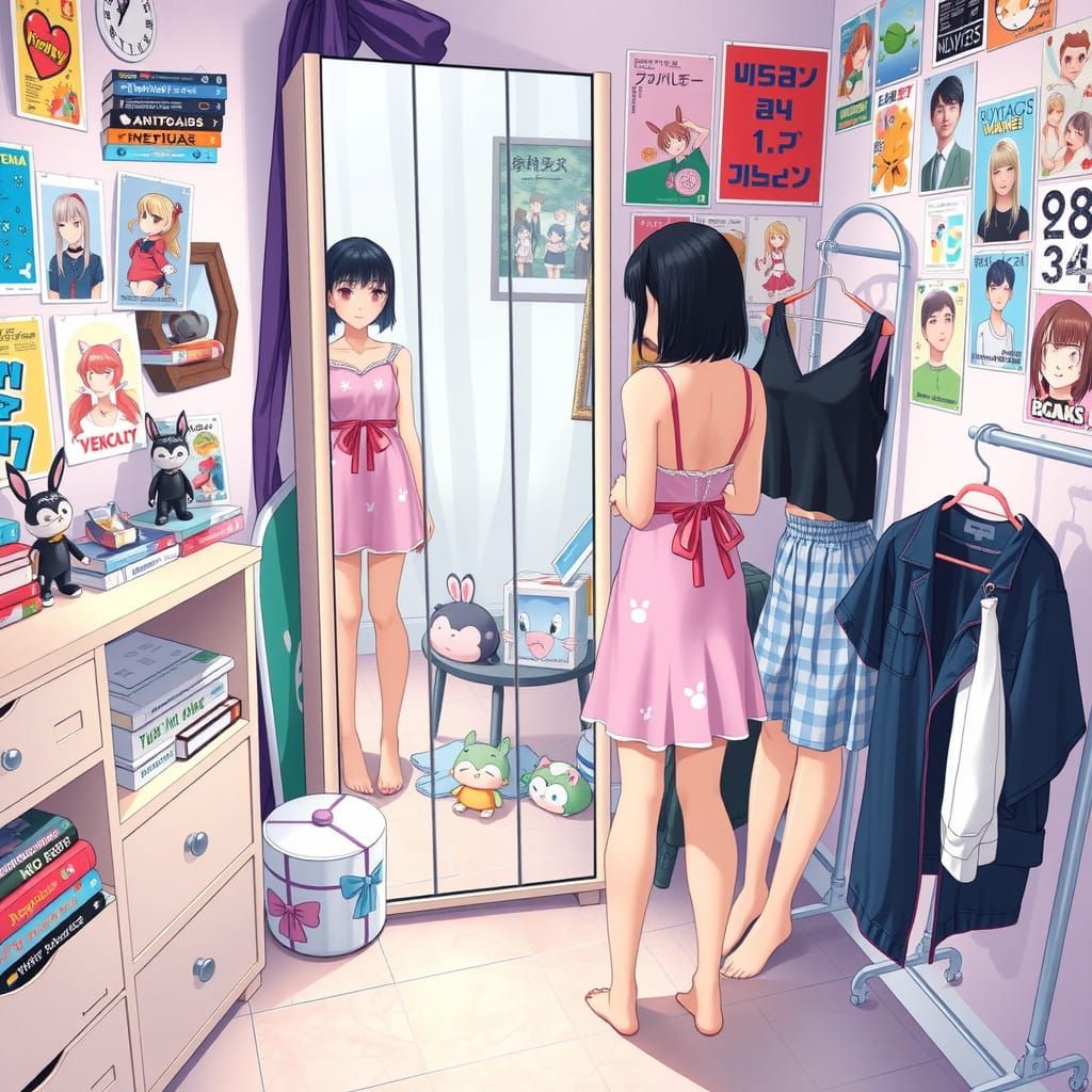 Feminine Thai Girl Lost in Thought in Pastel Dream Bedroom