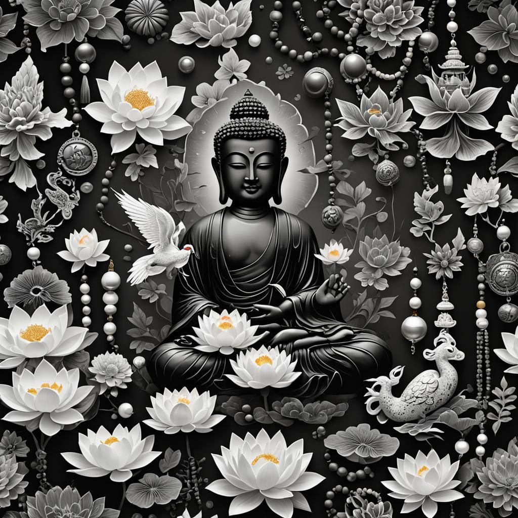 Realistic Black and White Buddhist Symbol Collage