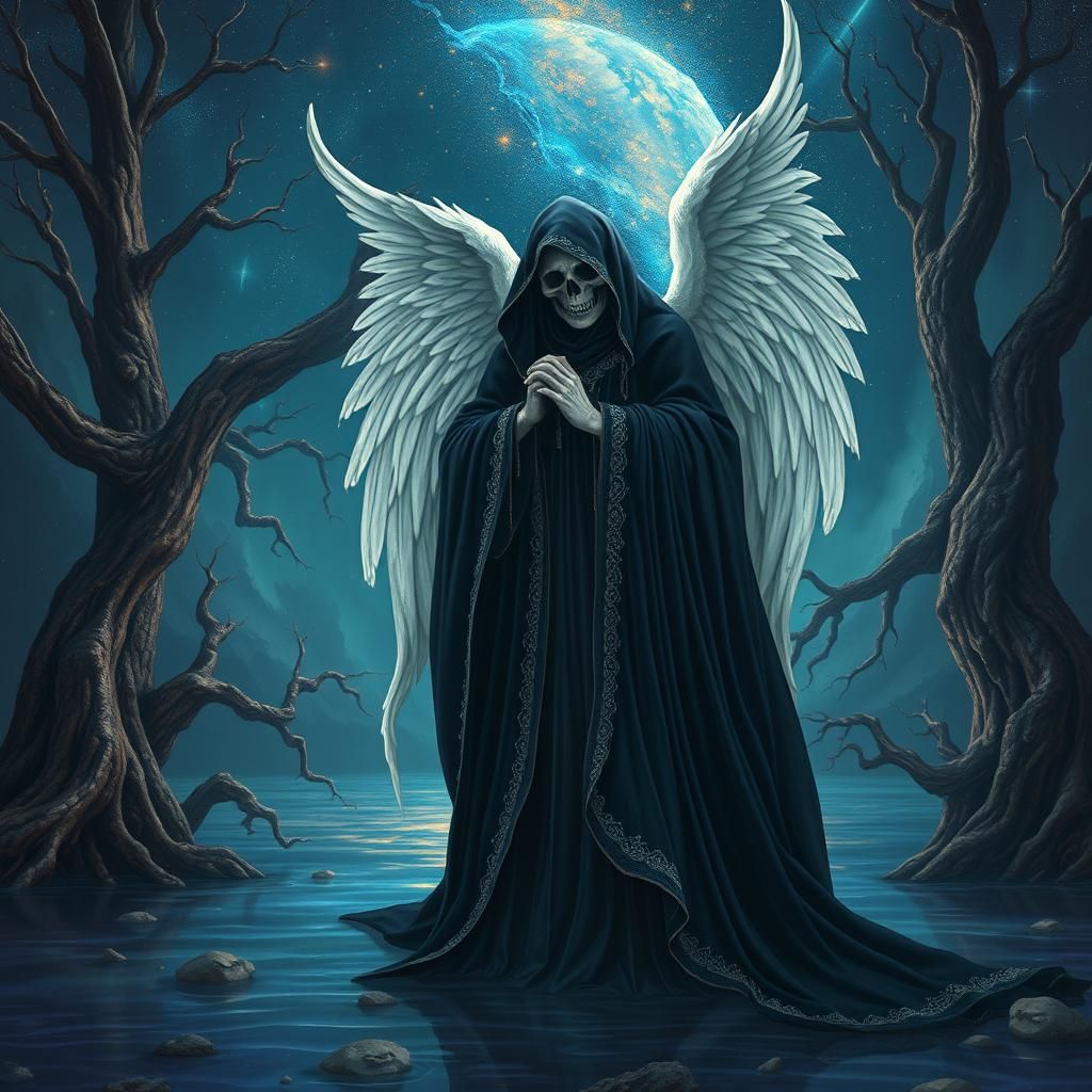 Ethereal, majestic angel of death, shrouded in a velvety bla...