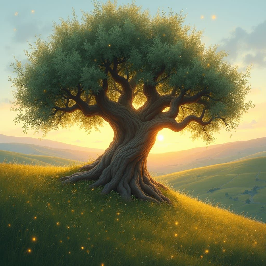 Olive Tree Impressionism with Fireflies, Monet Style
