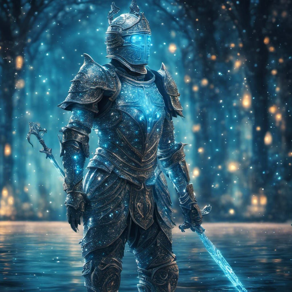 Intricate glittery knight in "transparent" bioluminescent ar...