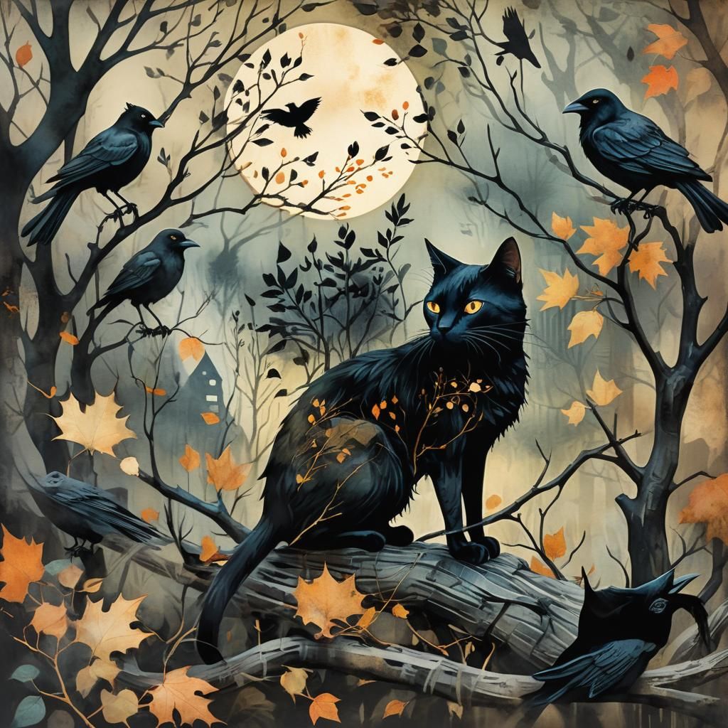 Eerie Autumnal Black Cat and Crows: Mixed Media Art
