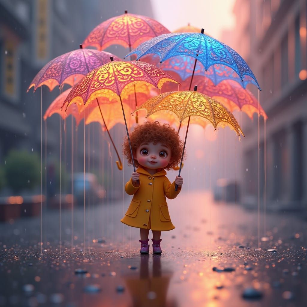 Little Girl Under Vibrant Floating Umbrellas in a Rainbow Ba...
