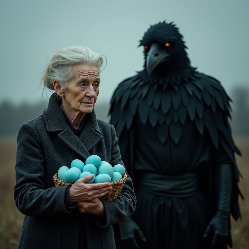 Stunning Woman Confronting a Sinister Figure in a Crow Costu...