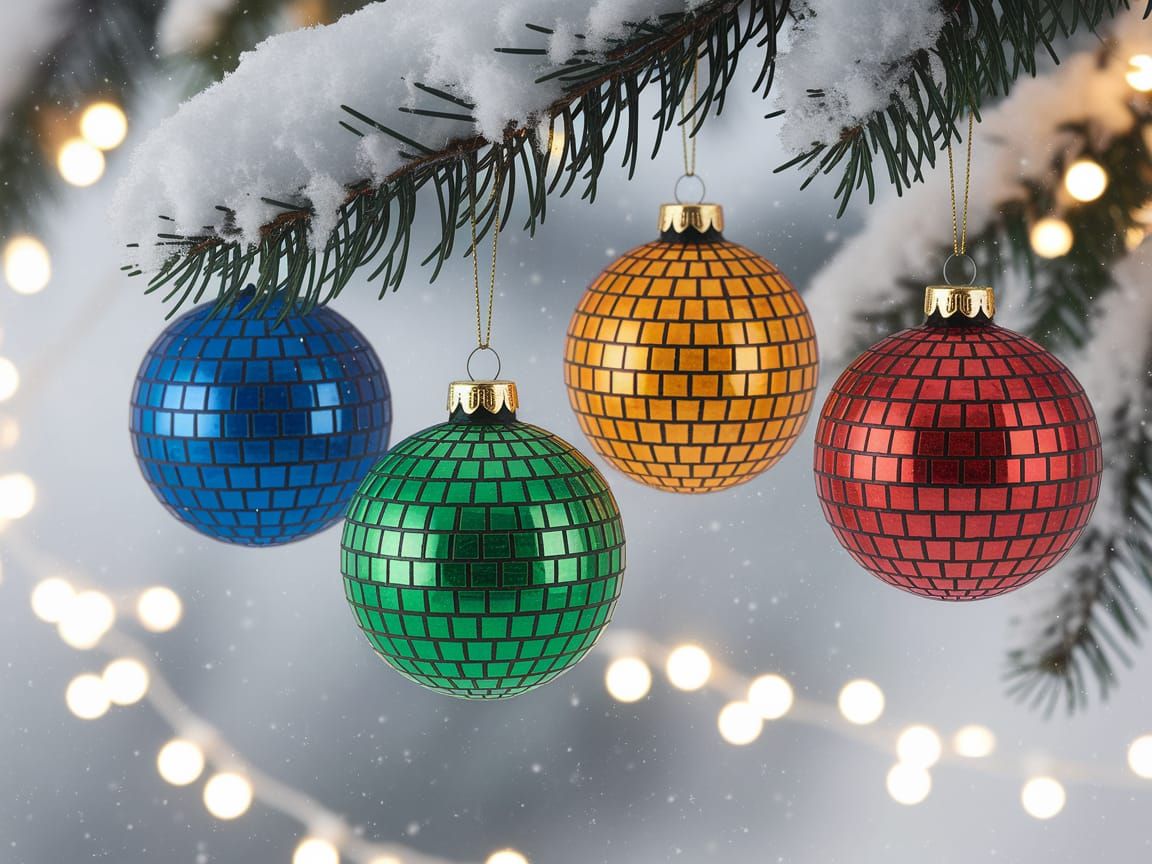 Vibrant Stained Glass Ornaments on a Snowy Winter Branch