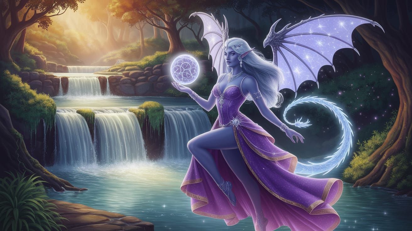 Ethereal Aasimar Sorceress Levitates Above Mystical Waterfal...