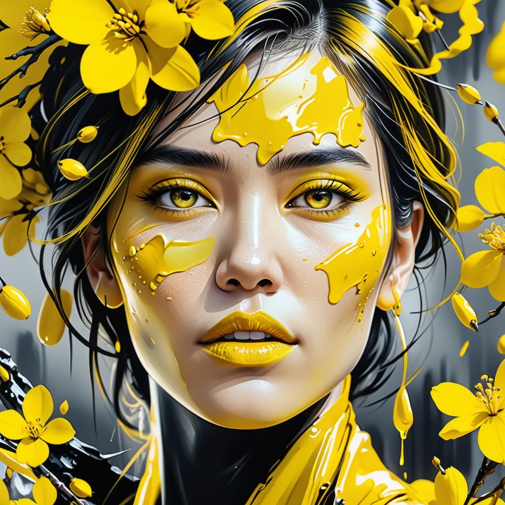 Tough Woman in Spring Yellow Oil Ink Style