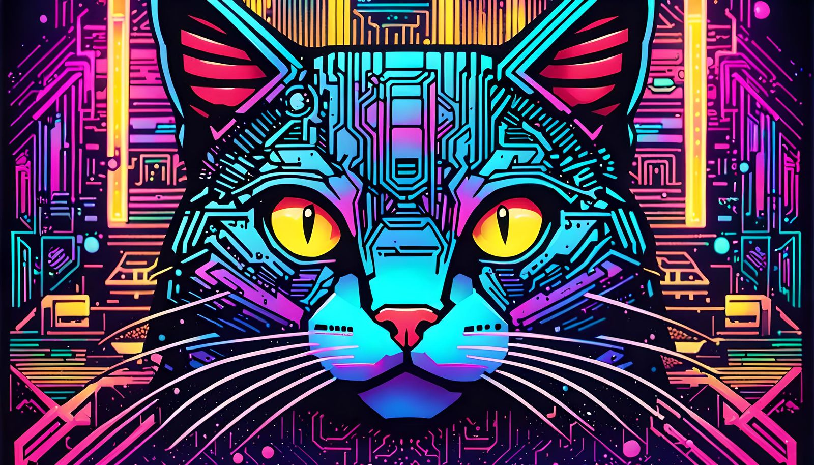 Cat Synth: Neo-Aztec Manga Geometric Design