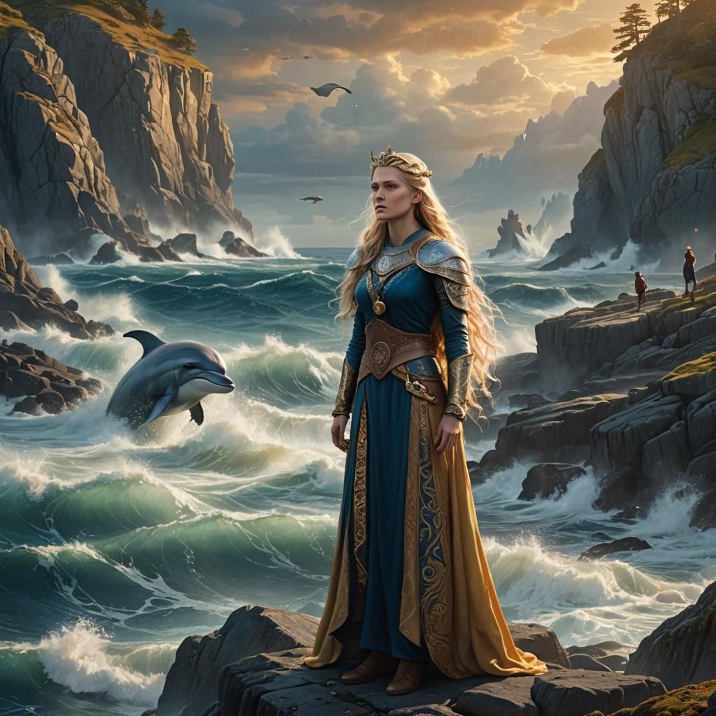 Viking Queen and Dolphin: Nordic Fantasy Art
