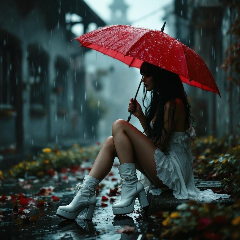 Gothic Woman in Summer Rain with Red Umbrella