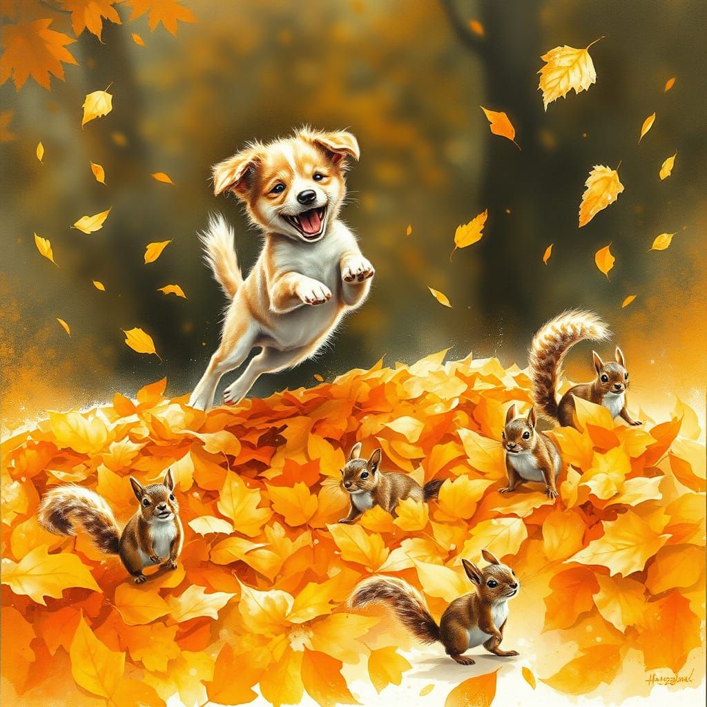 Joyful Puppy and Squirrels in Autumn Leaves