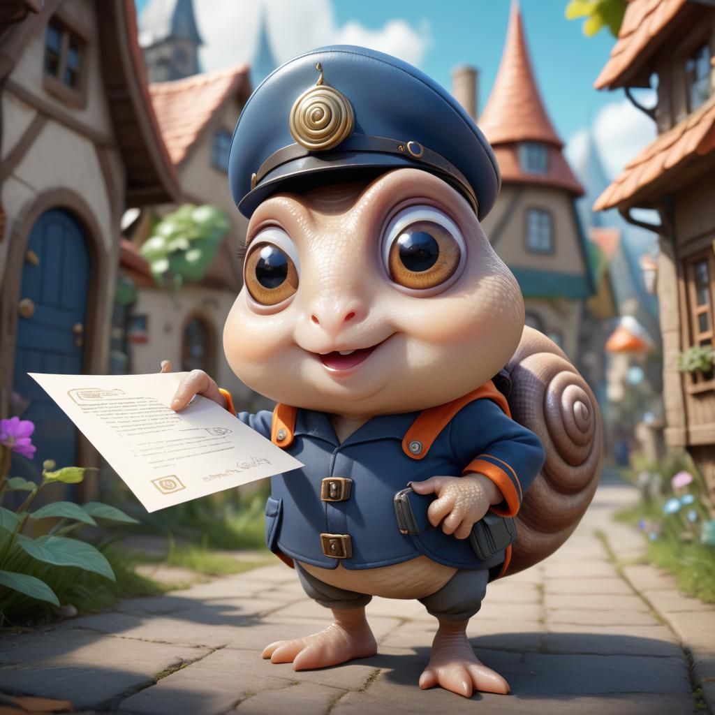 Snail Mailman in Fantasy Snail Village, Digital Art