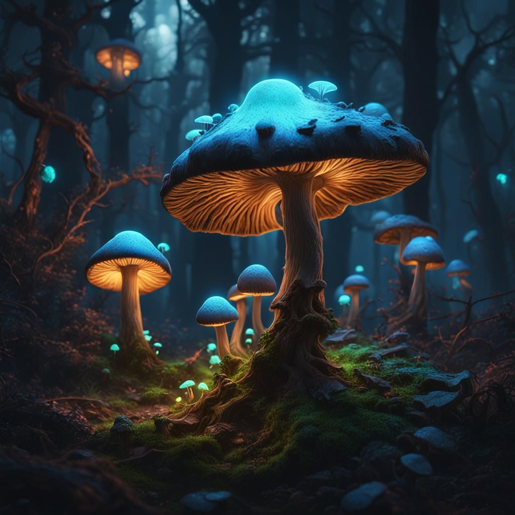 Glowing Magic Mushrooms in Enchanted Forest
