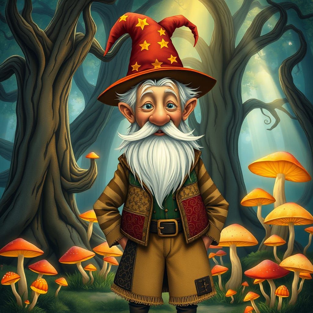 Whimsical Old Man in Magical Forest Illustration