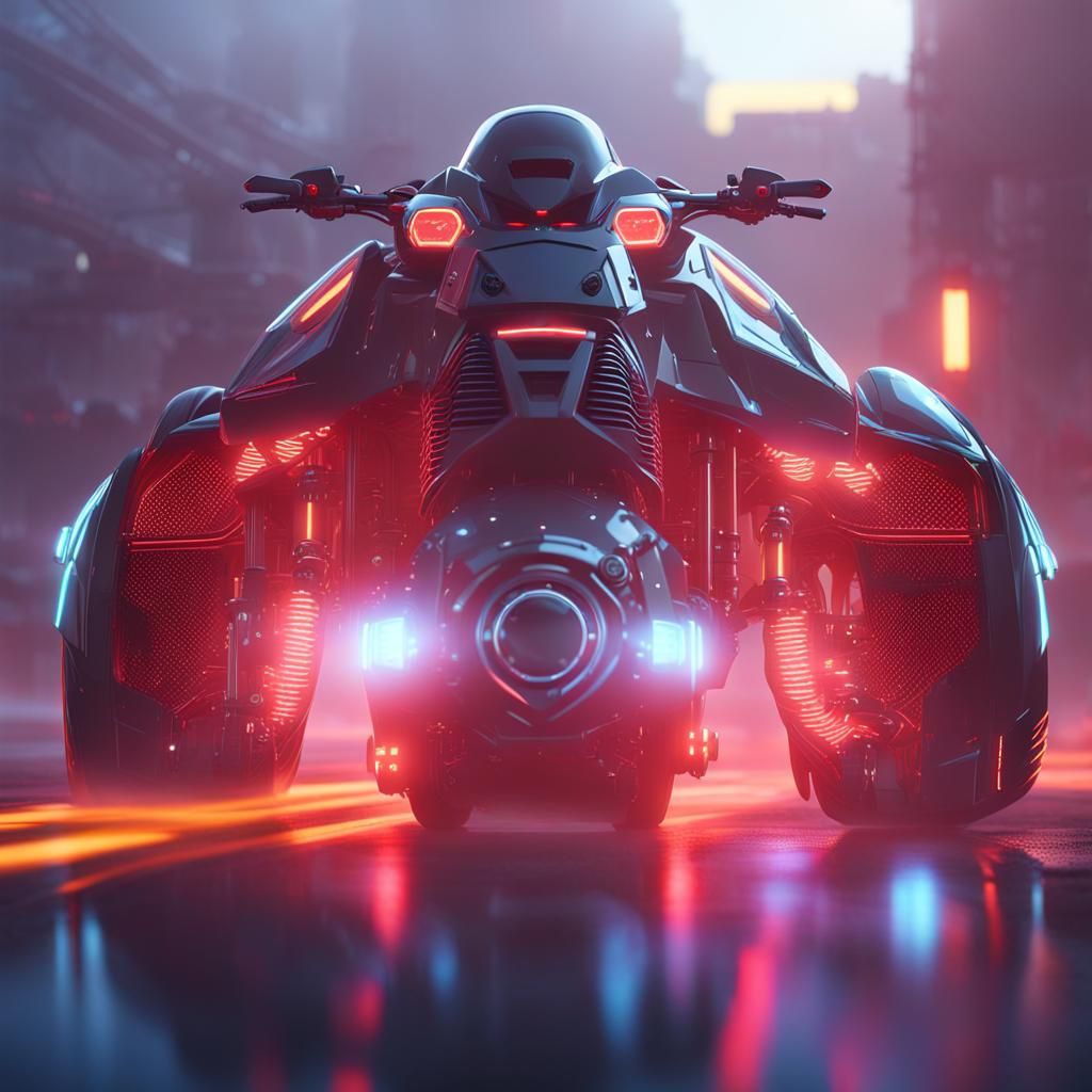Sleek Sci-Fi Motorcycle Speeds Through Neon-Lit Cityscape