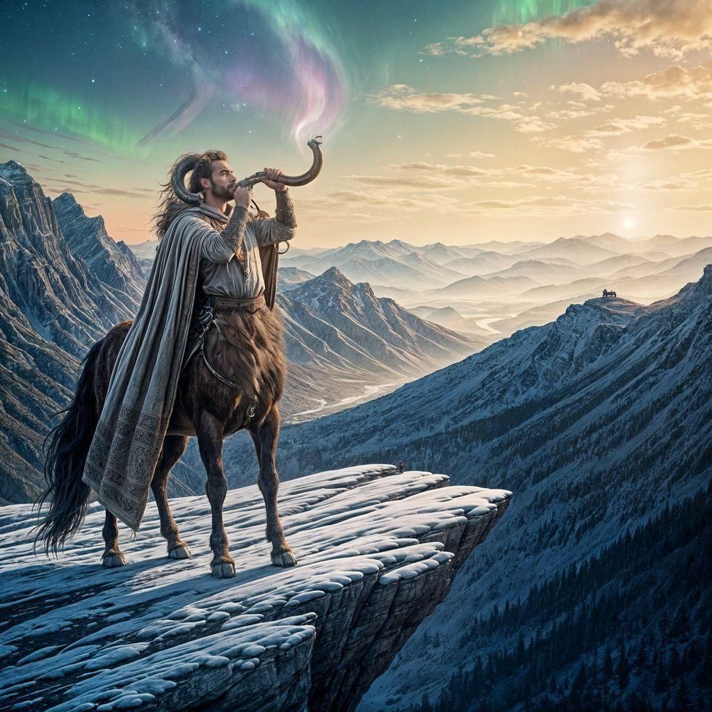 Majestic Centaur with Ram's Horn Under Northern Lights