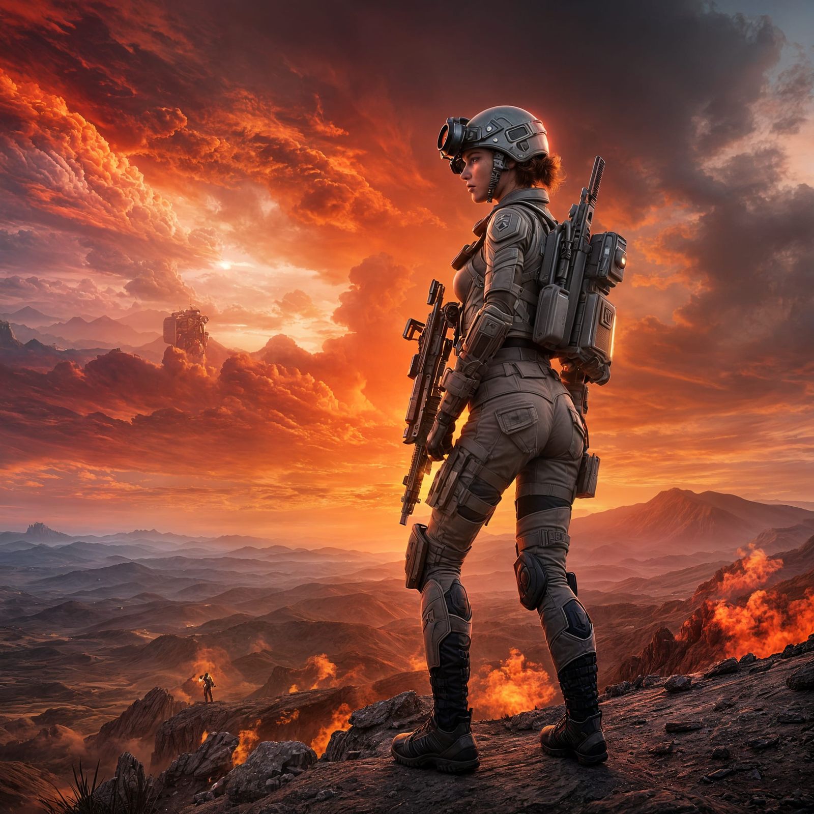 Futuristic Soldier on Hilltop with Fiery Sky