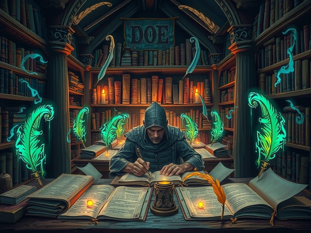 Magical Scribe Monastery with Glowing Quills