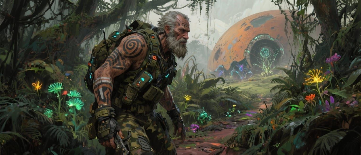 Guerrilla Soldier in Futuristic Camouflage Navigates Alien J...