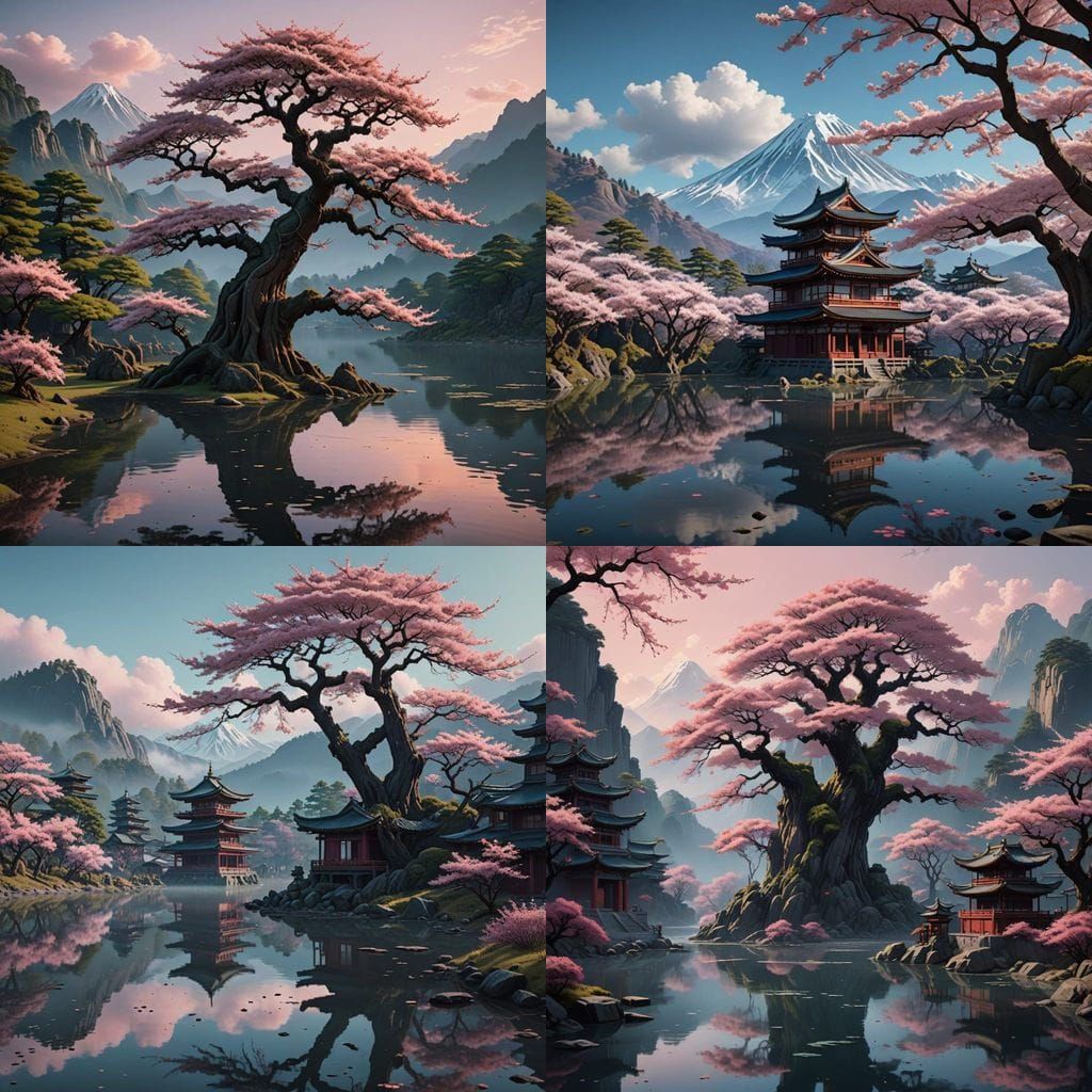 Ancient Sakura Tree Amidst Japanese Temples and Majestic Mou...