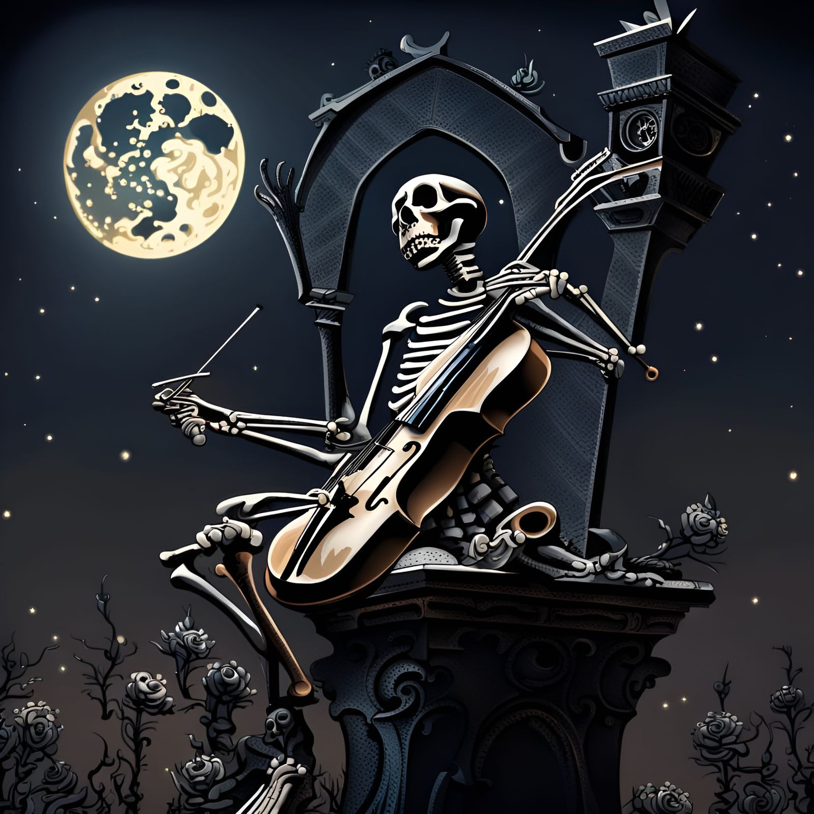 Skeleton playing the violin for the dead