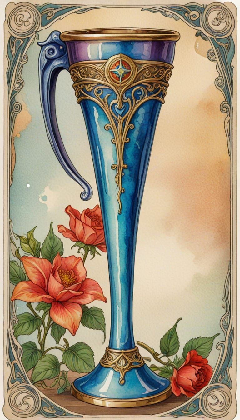 Surreal Art Nouveau Drinking Horn Tarot Card in Vibrant Wate...