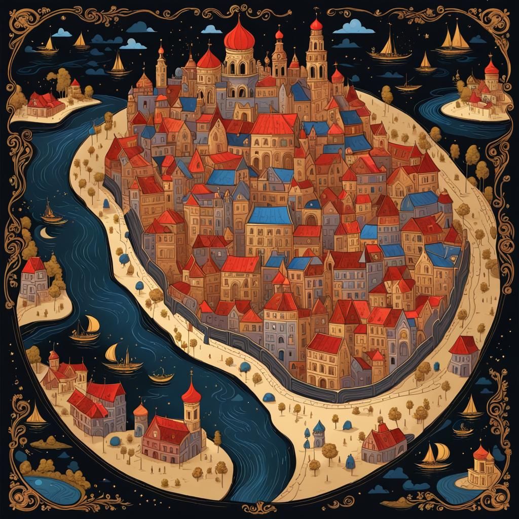 Palekh Style Medieval City Map with Folklore