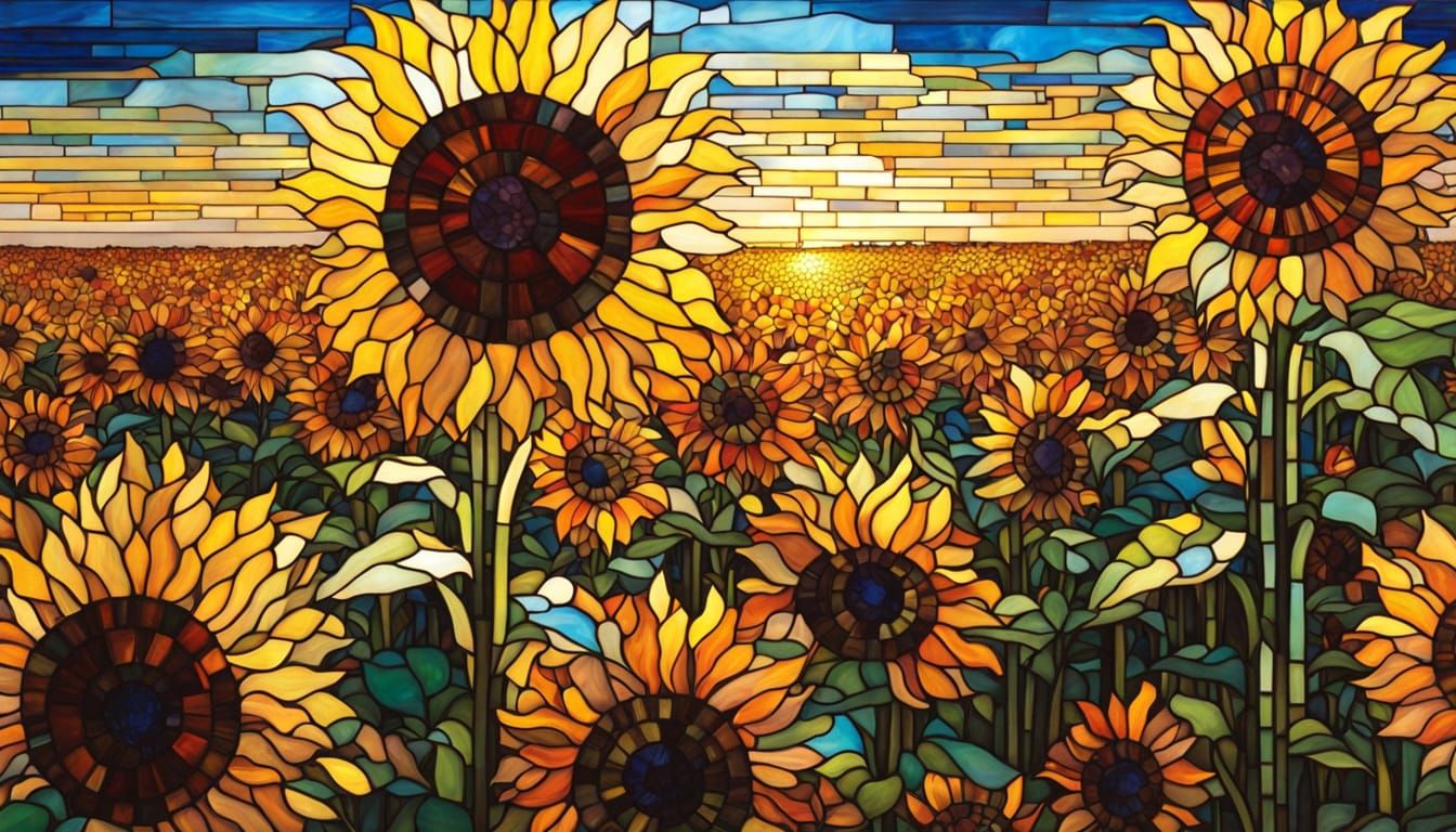 Stained Glass Sunflower Field Mosaic Art