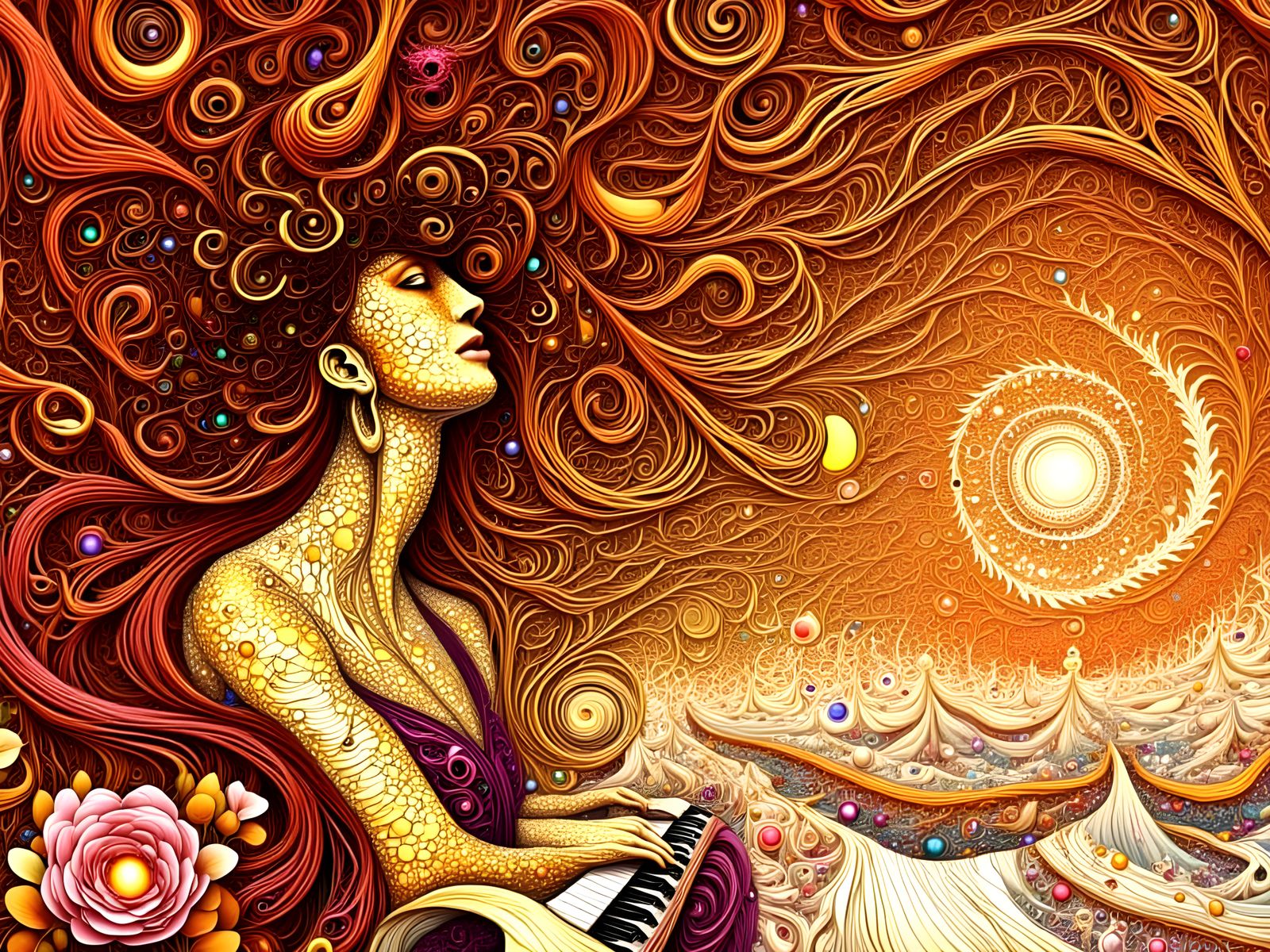 Surreal Woman Playing Accordion in Rainbow Sun Rays