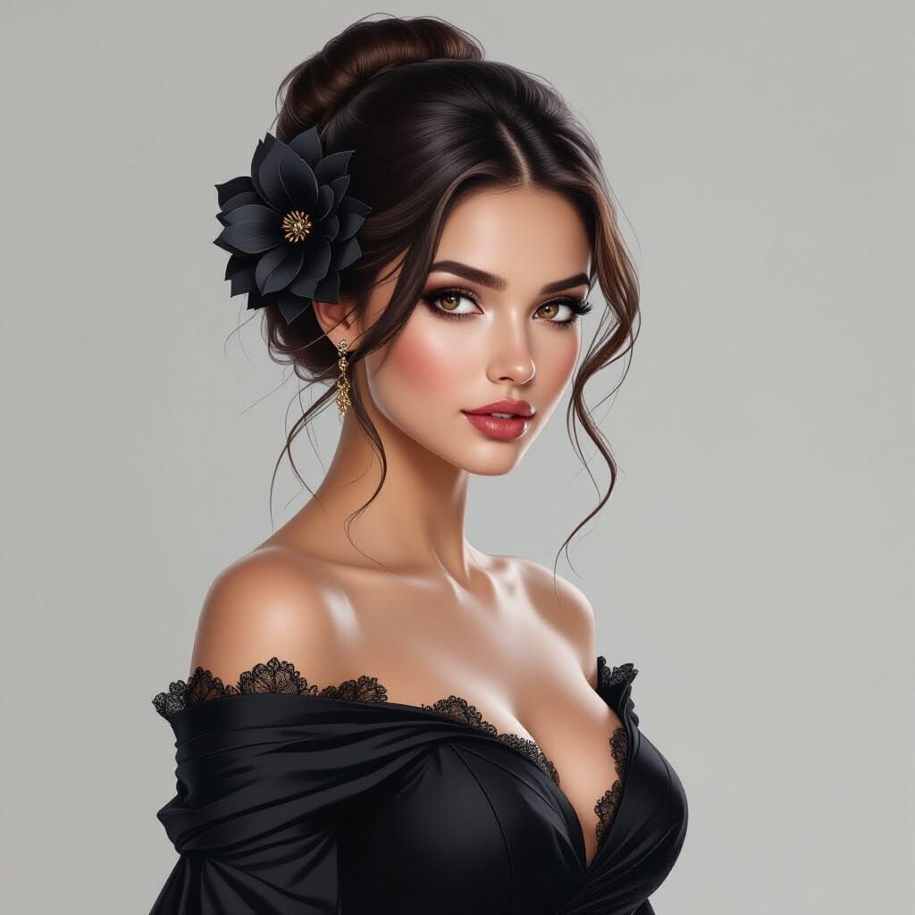 Elegant Woman in Black Dress with Flower in Hair