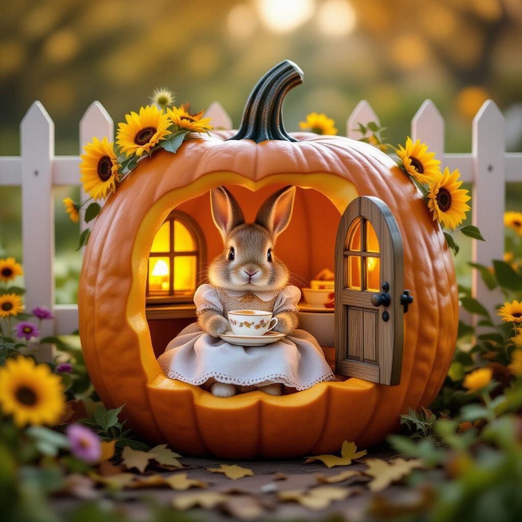 Bunny in Pumpkin House Serving Tea with Sunflowers