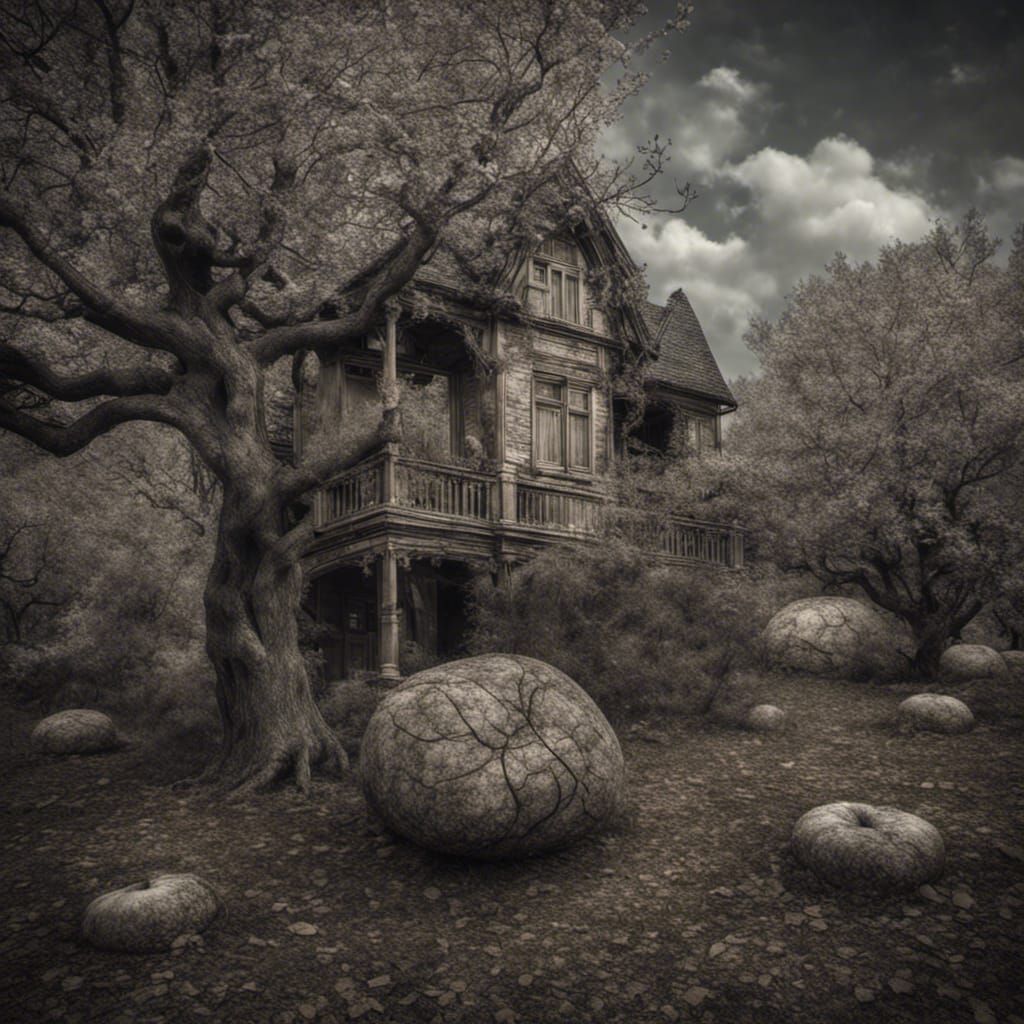 Mysterious Rock and Dark Figure in Apple Orchard