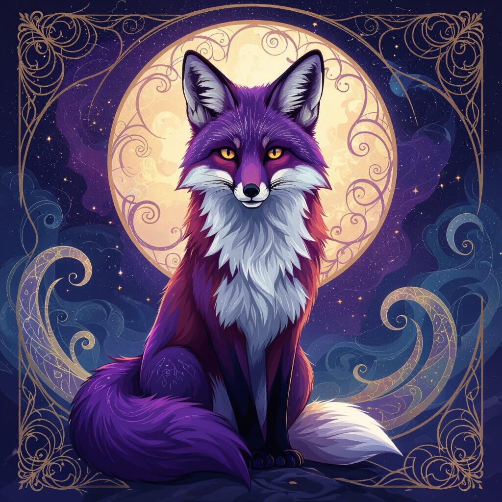 Vibrant Purple Fox in Cosmic Nebula Art Nouveau Style