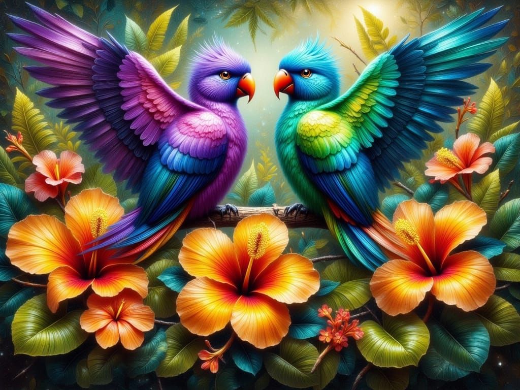 Vibrant Parrots Amidst Radiant Hibiscus in a Whimsical Oil P...