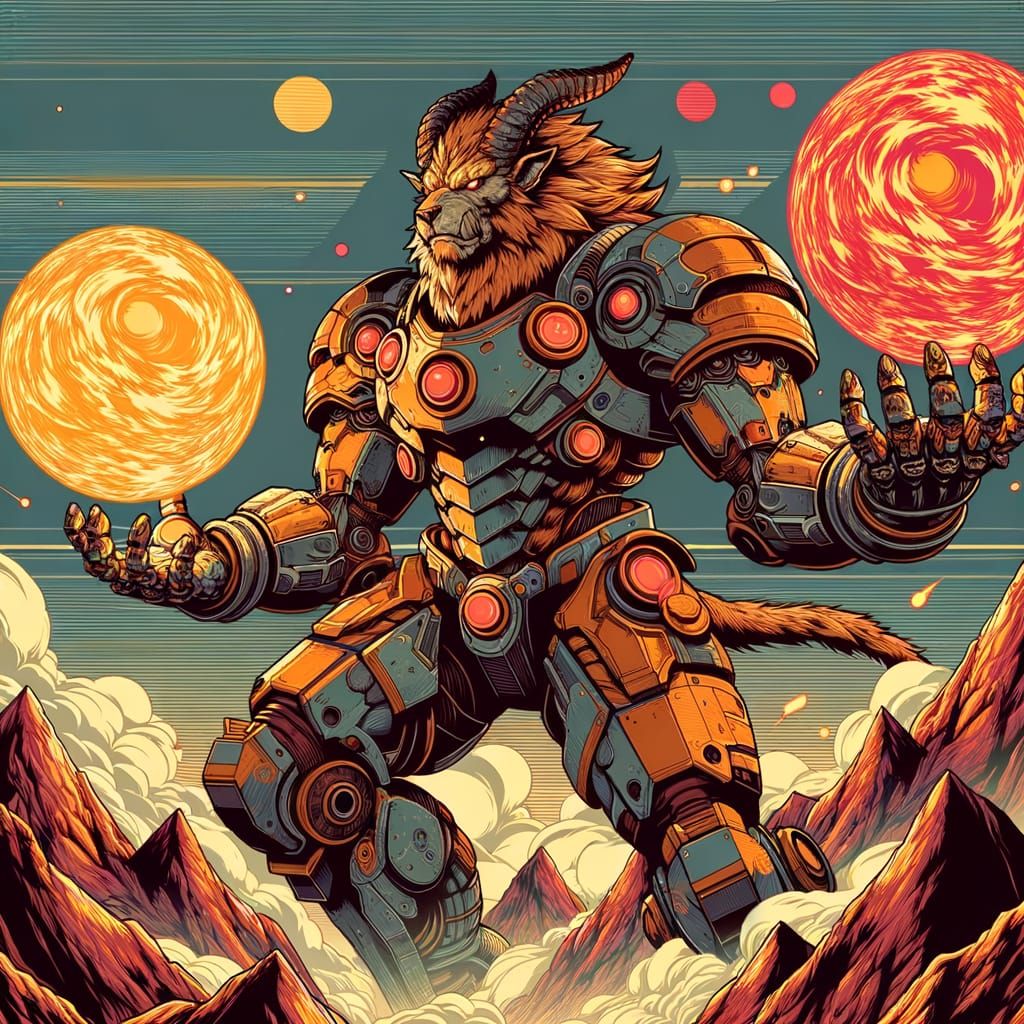 Armored Beast Soaring with Fiery Orbs in Anime Style