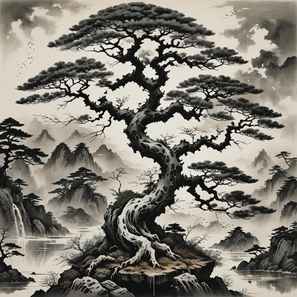 Surreal Bonsai in Sumi-e Ink Wash Style