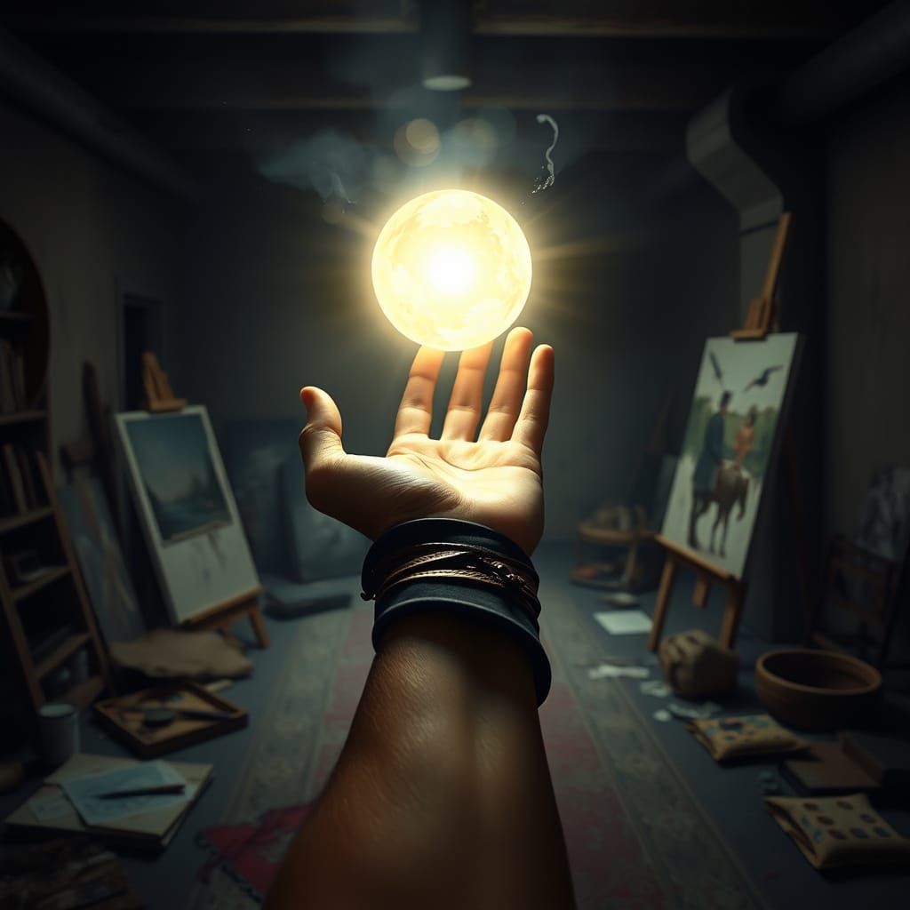 Mysterious Hand Holds Radiant Orb in Dark Art Studio