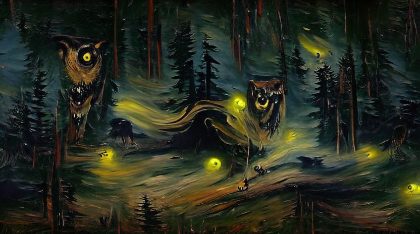 Owl and Dog Chase in Dark Forest Oil Painting